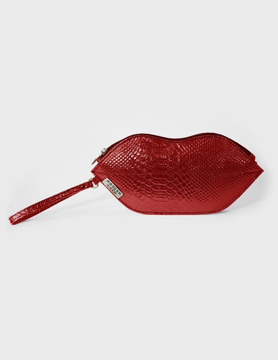 Textured Red Lips Shaped Metallic Makeup Pouch | Modern Myth