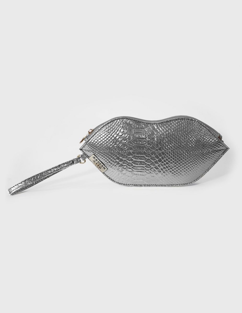 Textured Silver Lips Shaped Metallic Makeup Pouch | Modern Myth