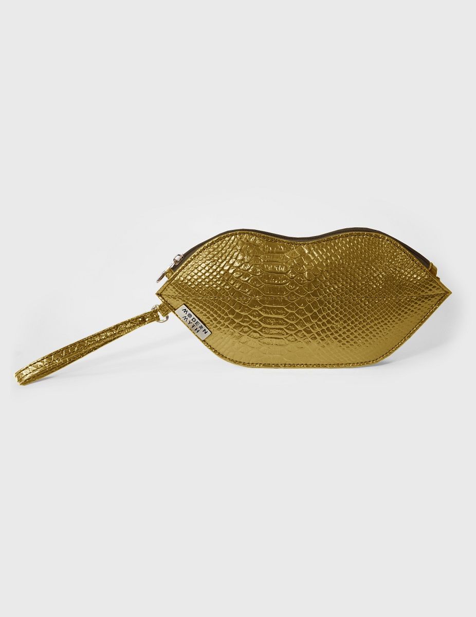 Textured Golden Lips Shaped Metallic Makeup Pouch | Modern Myth