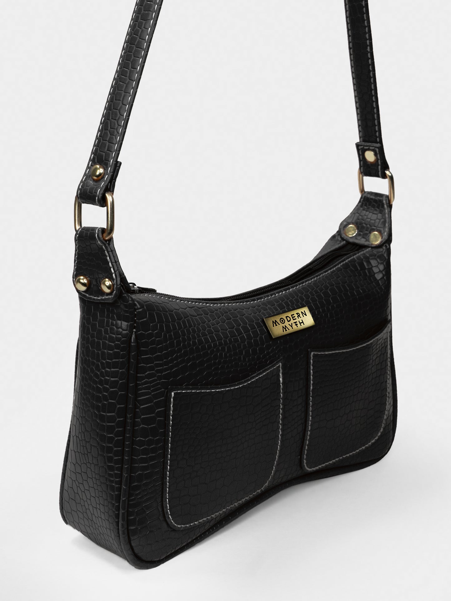 Black Retro Shoulder Baguette With Twin Pockets | Modern Myth