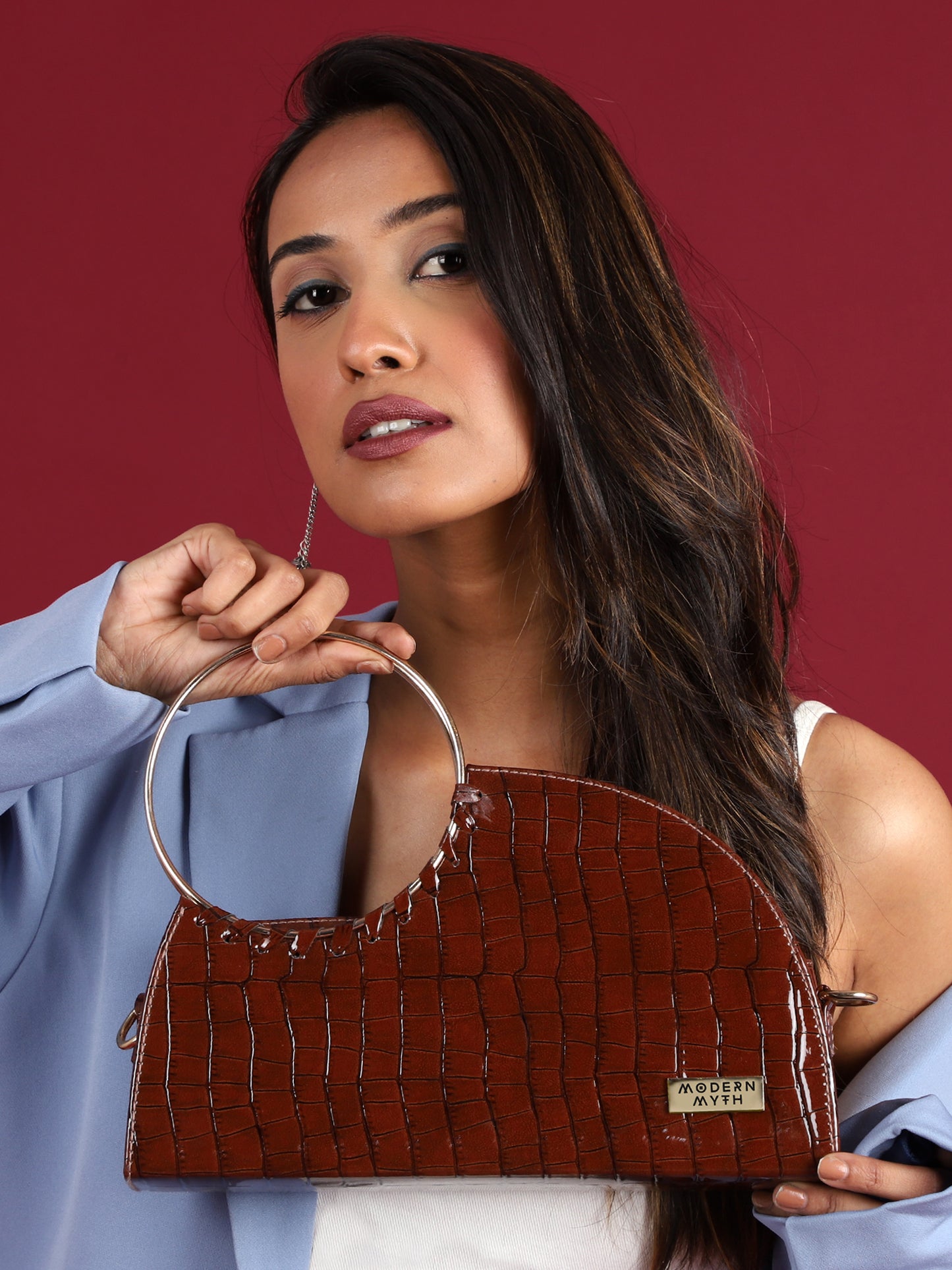 DAWN Maroon Croco Finish Semi Circle Ring Handbag | Modern Myth