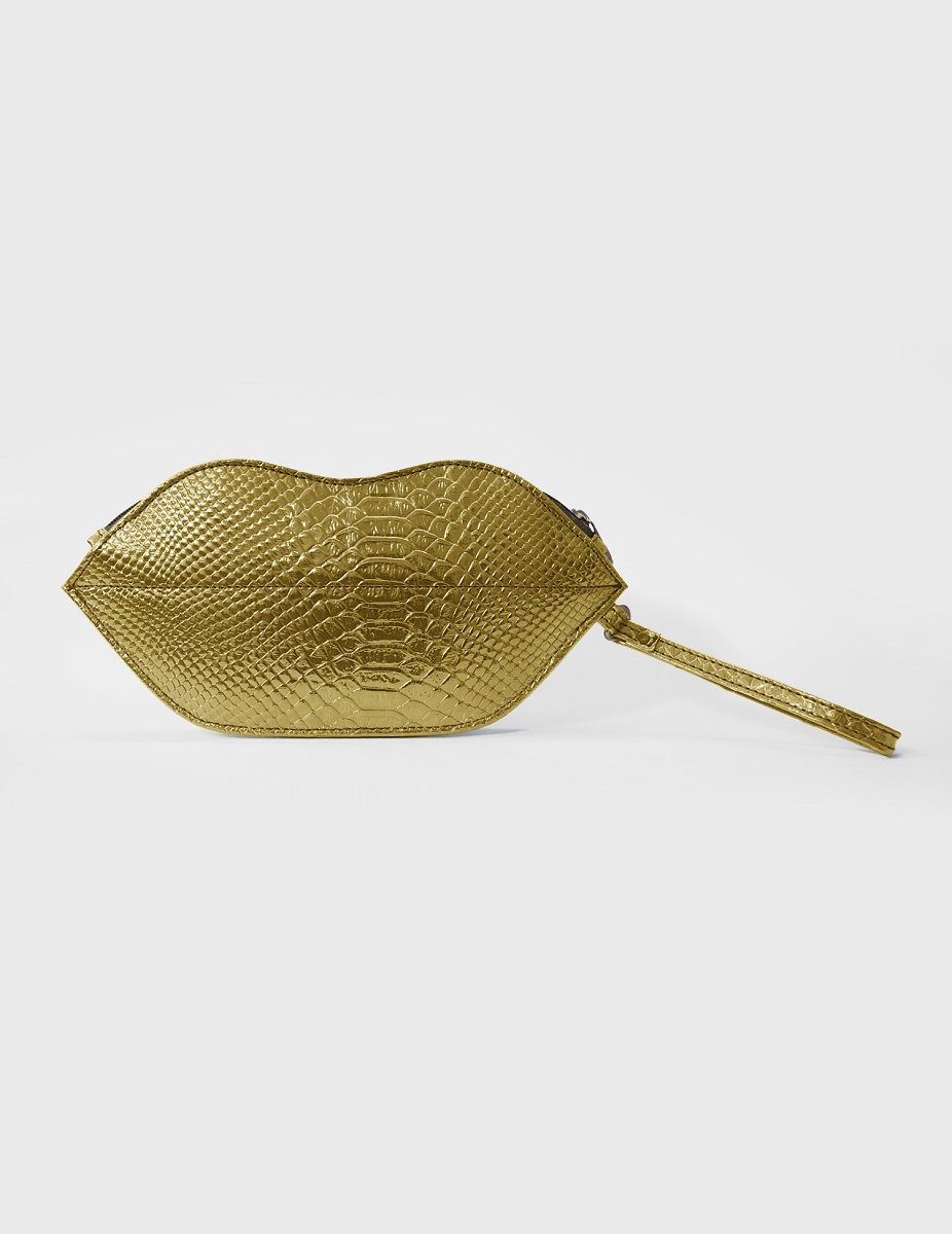 Textured Golden Lips Shaped Metallic Makeup Pouch | Modern Myth