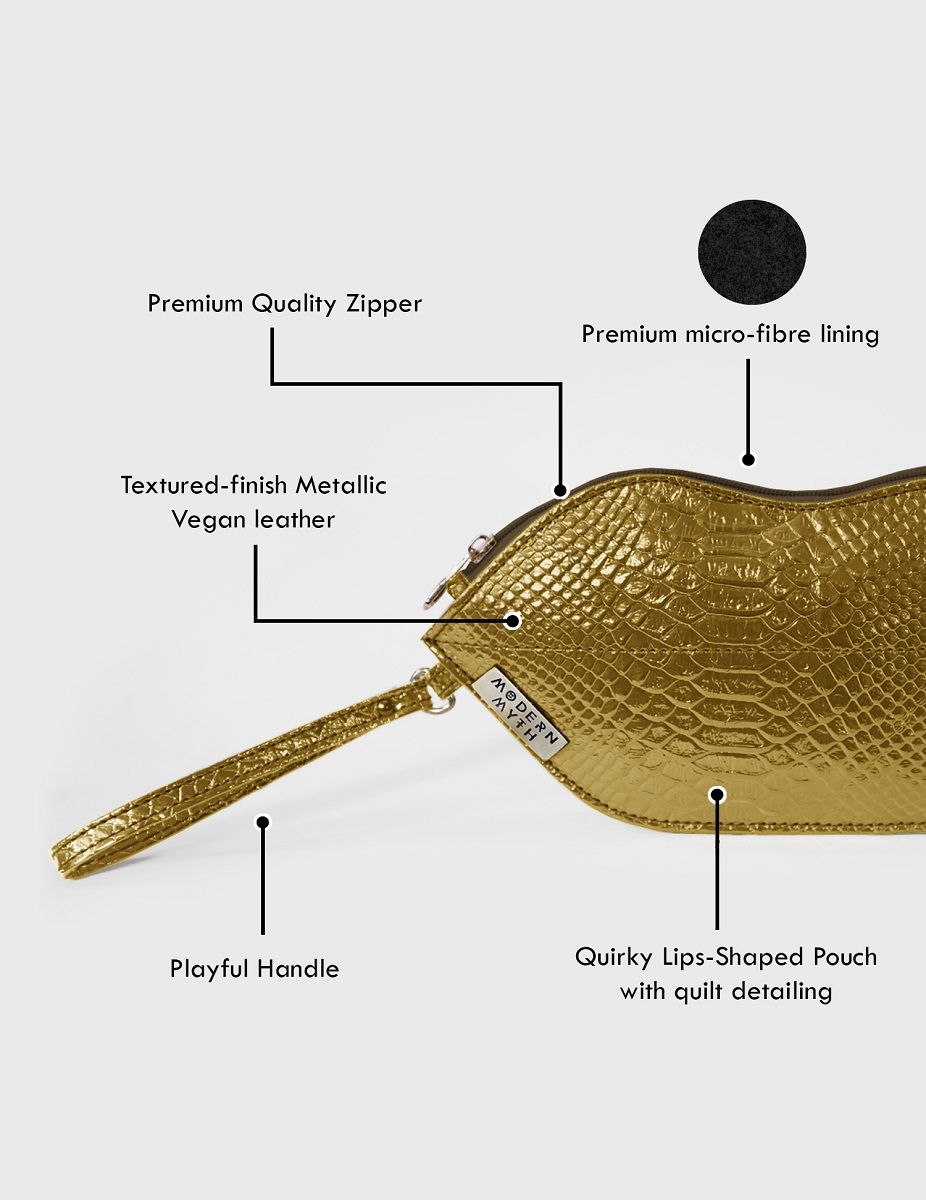 Textured Golden Lips Shaped Metallic Makeup Pouch | Modern Myth