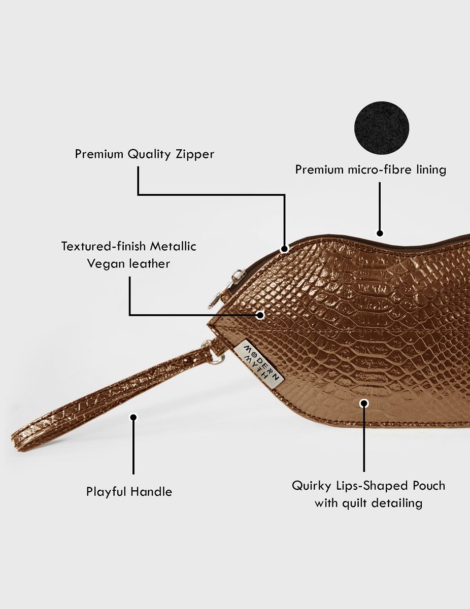Textured Bronze Lips Shaped Metallic Makeup Pouch | Modern Myth