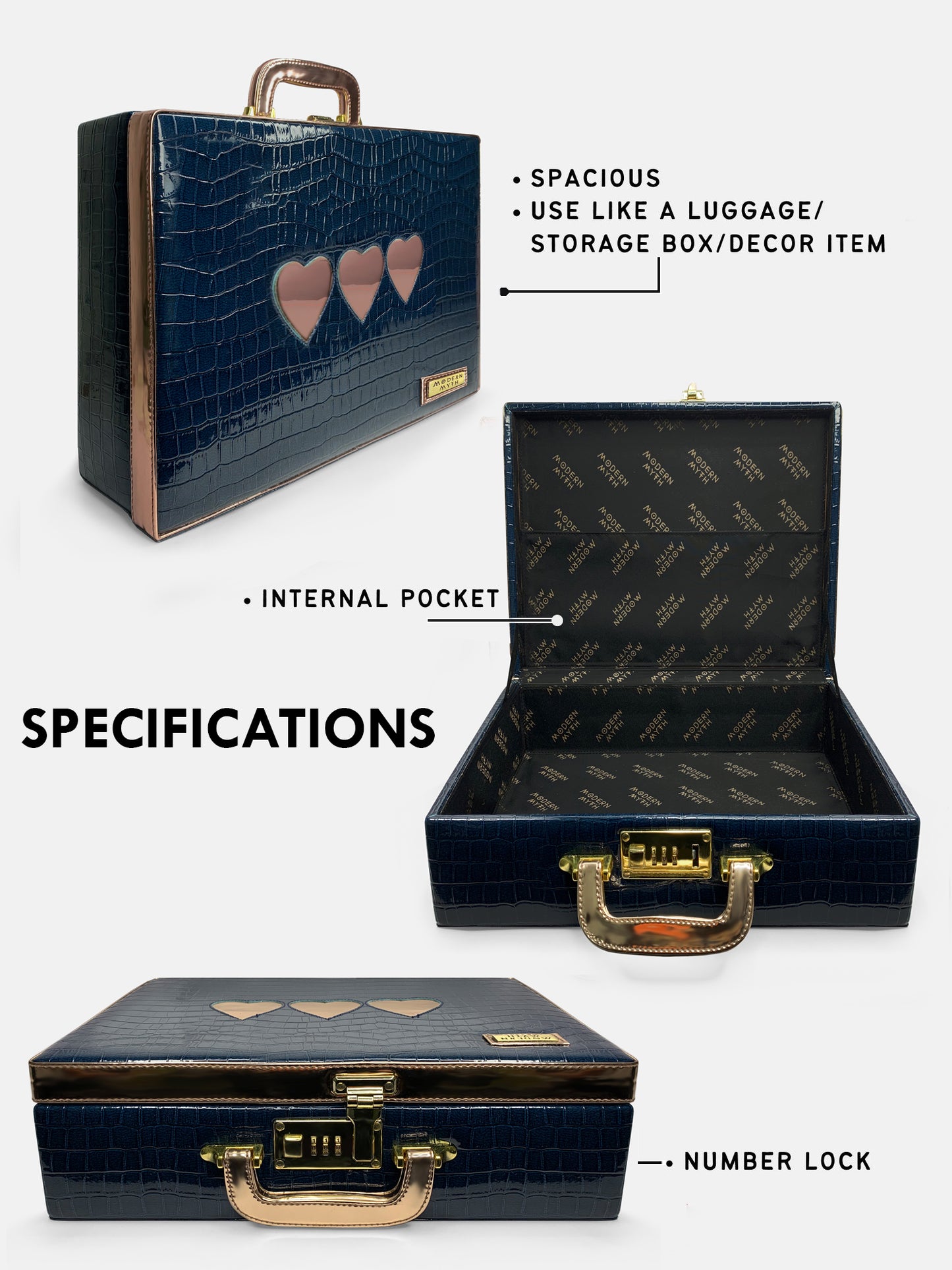 Love You Lasercut Blue & Rosegold Trunk cum Luggage Bag | Modern Myth