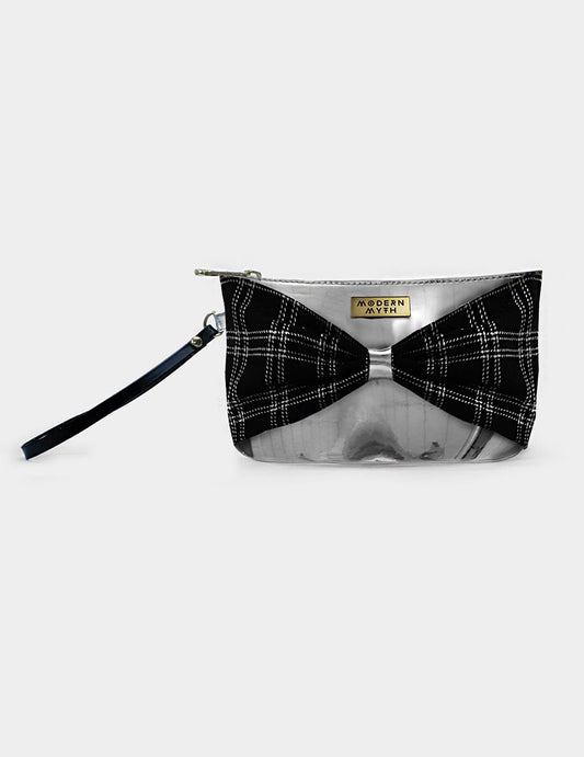 Bow Checks Silver Black Cosmetics Makeup Pouch | Modern Myth