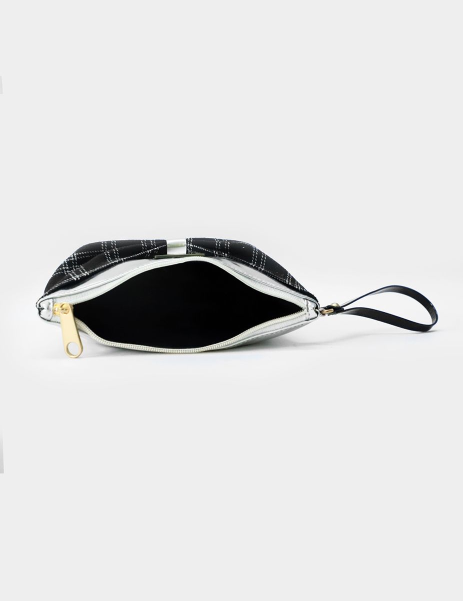 Bow Checks Silver Black Cosmetics Makeup Pouch | Modern Myth