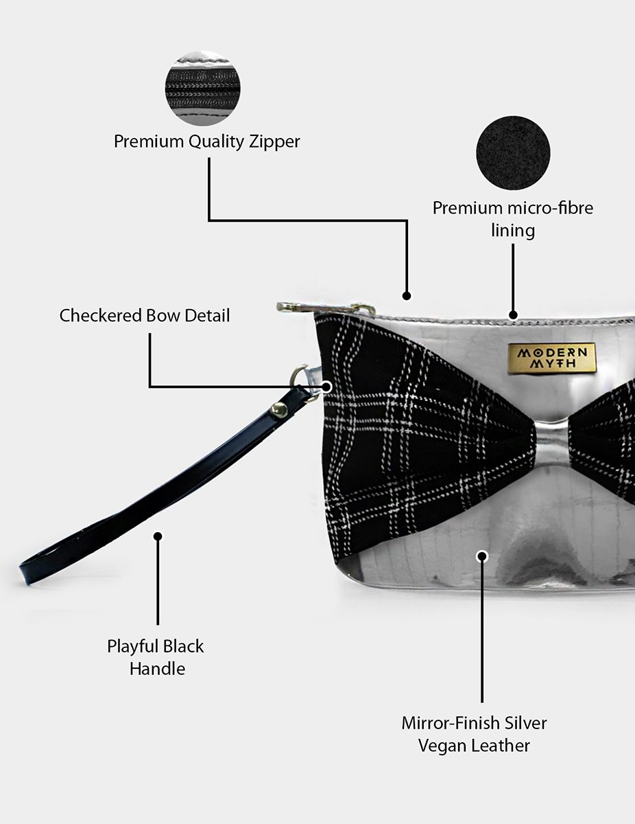 Bow Checks Silver Black Cosmetics Makeup Pouch | Modern Myth